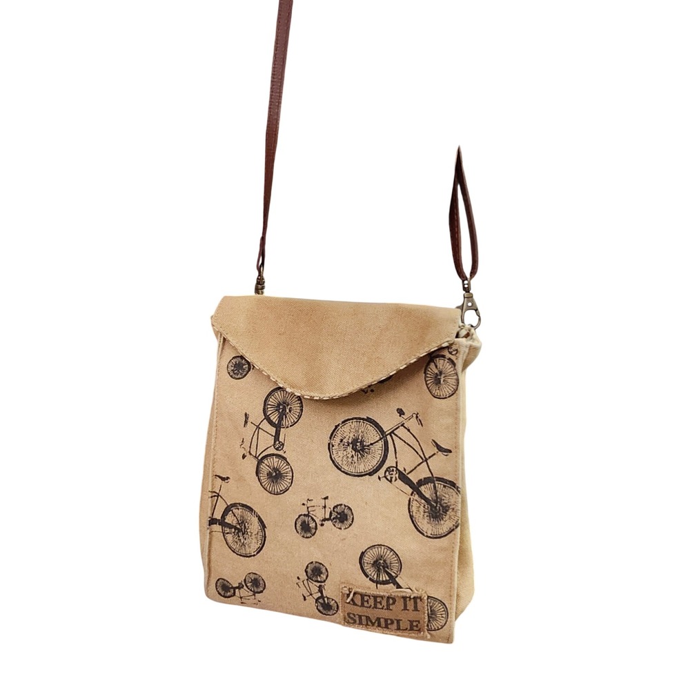 Primitives by Kathy‎ Keep It Simple Bicycle Print Canvas Crossbody Bag Tan Boho
